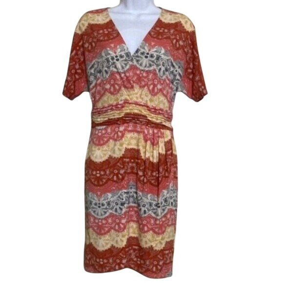 BCBGMaxAzria Faux Wrap Tereza Knee Length Short Sleeve Dress Small Colorful - Picture 10 of 11